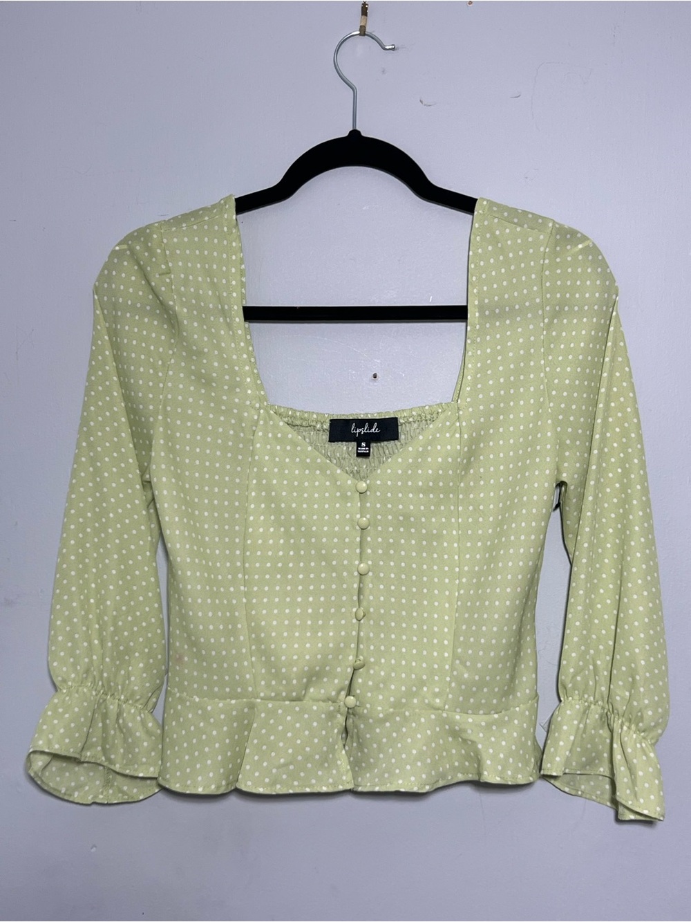 Sage Green Polka Dot Peplum Button-Front Top